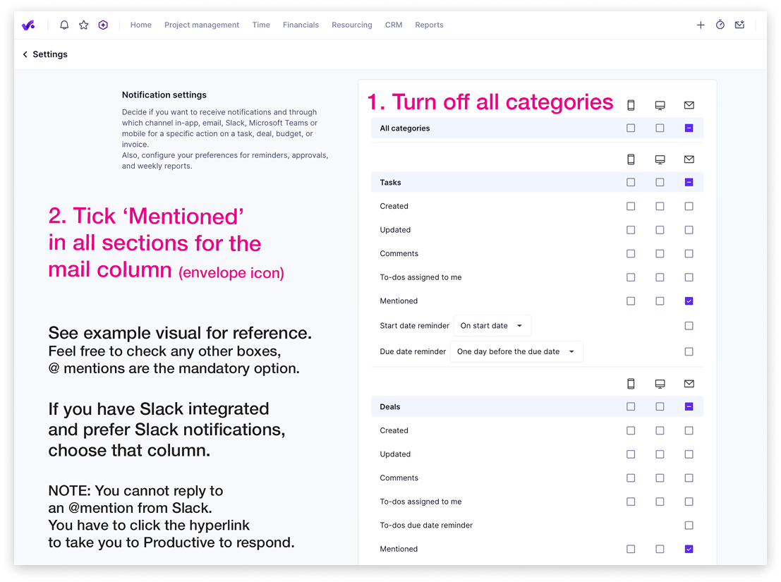 Productive Notifications settings